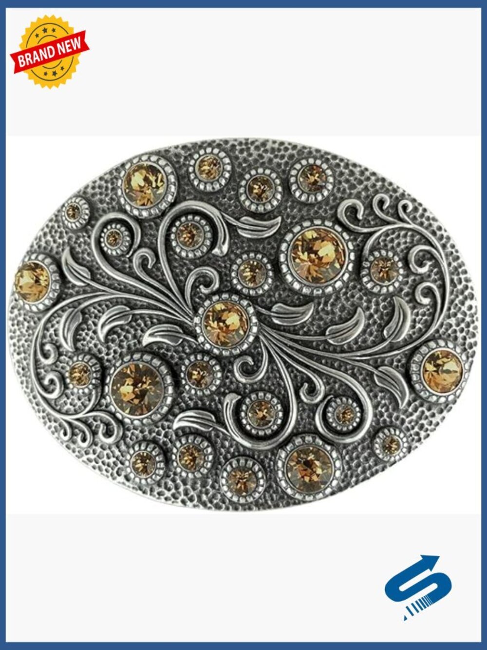 Rhinestone Crystal Oval Floral Belt Buckle Antique Brass Engraved
